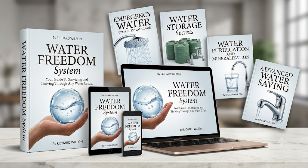 Water Freedom System digital guide bundle shown on laptop, tablet, phone and printed book covers