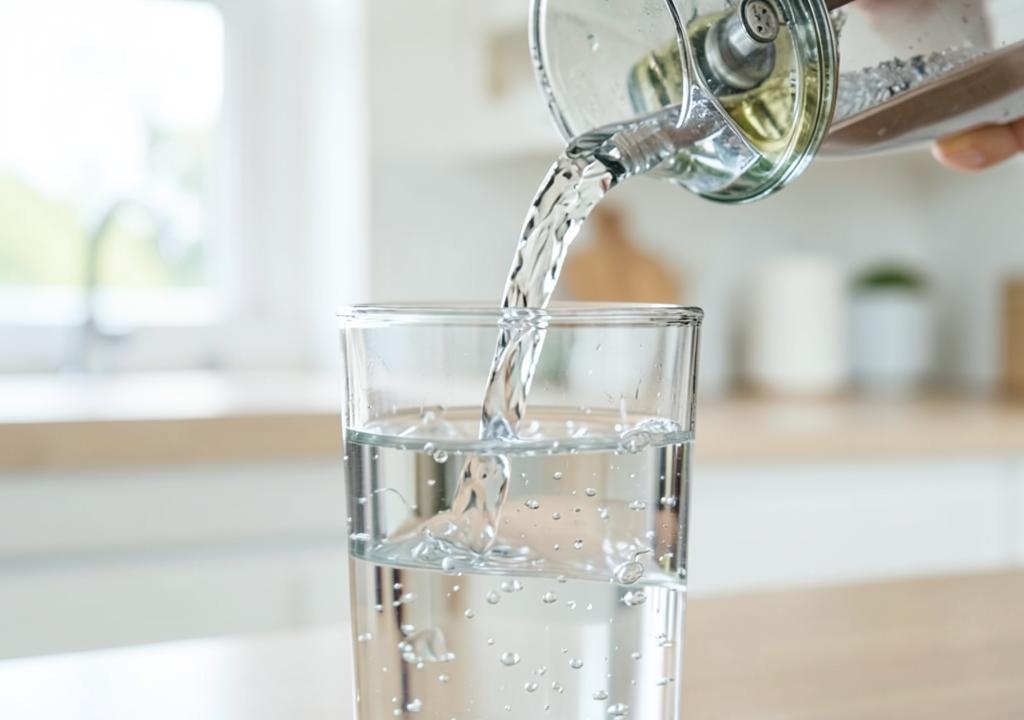 Filtered drinking water being poured into a clear glass in a home kitchen